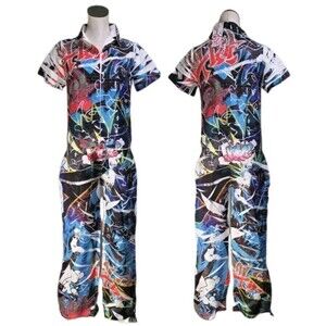 Y2K Funky Diva VTG Hip Hop Graffiti Jumpsuit Collared Short Sleeve Women's XS